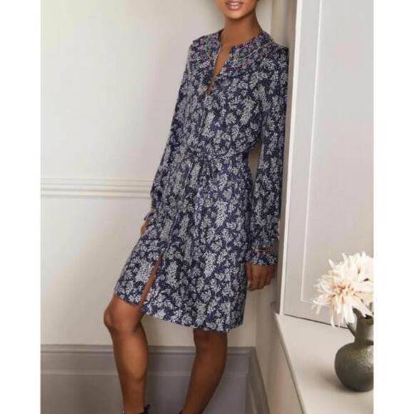 Boden Dress Womens Size 6 6L (US) Smocked Jersey Navy Blue Leafy Sprig Belt - Picture 4 of 10